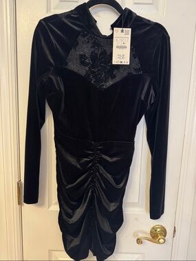 Zara Black Velvet Long-Sleeve Ruched Dress